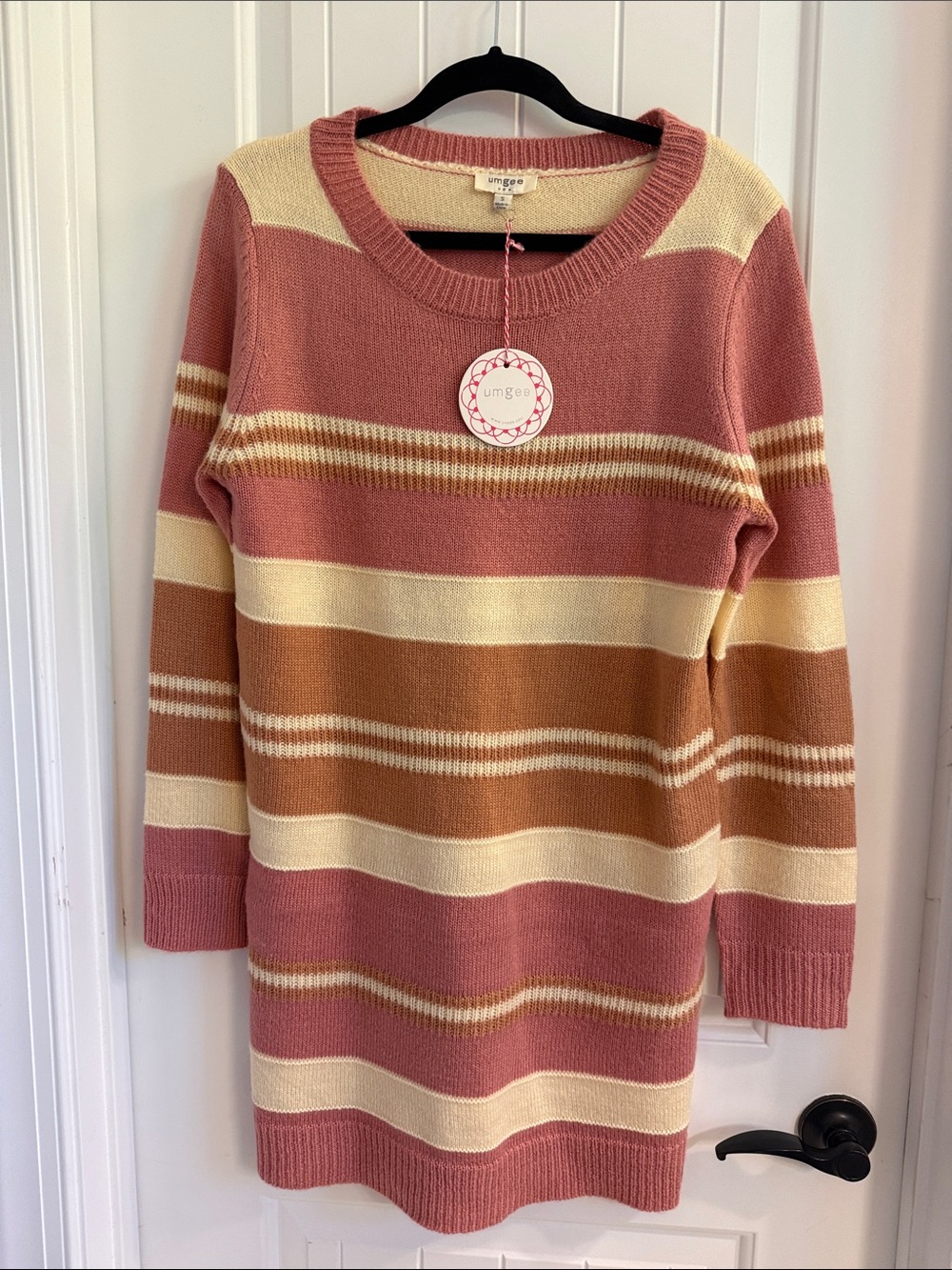 NWT Umgee Multi Stripe Knit Sweater Dress Mauve Cream S